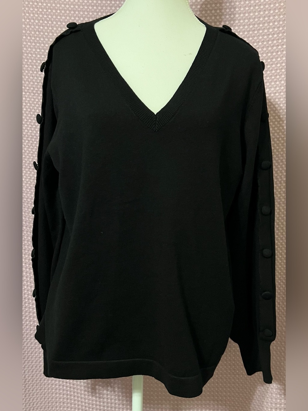 Karl Lagerfeld Black V-Neck Sweater with Button-Trim Sleeves